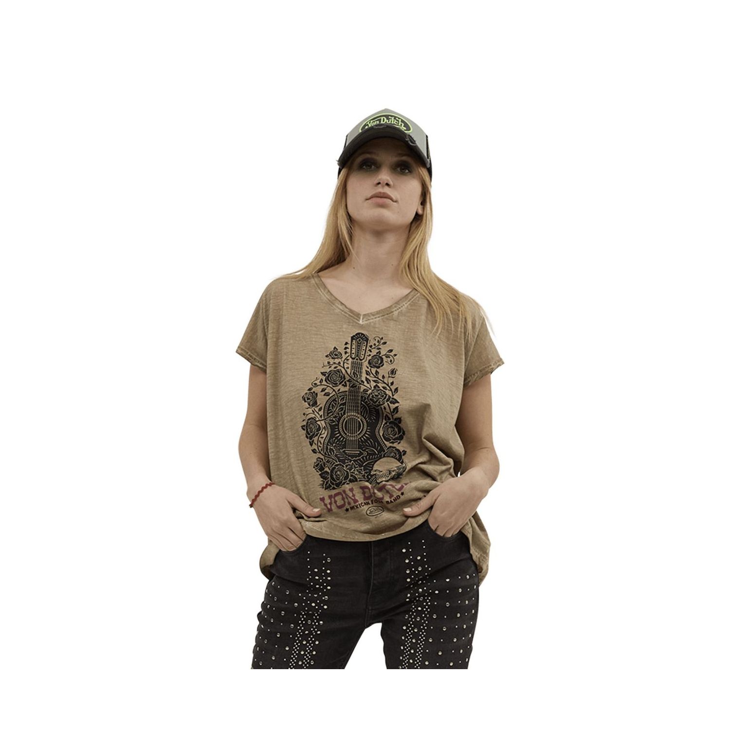 T-shirt femme col en V effet usé en coton Folk